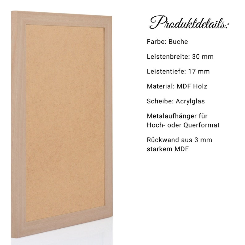 May include: A light wood picture frame with a corkboard backing. The frame is 30 mm wide and 17 mm deep. The frame is made of MDF wood and has an acrylic glass front. It includes metal hangers for hanging in portrait or landscape orientation. The back is made of 3 mm thick MDF.