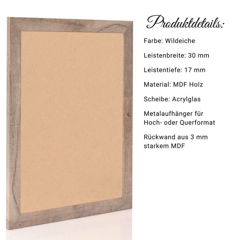 May include: A wood picture frame with a light brown finish. The frame is made of MDF wood and has a 30 mm wide and 17 mm deep frame. The frame includes a clear acrylic sheet and metal hangers for hanging in portrait or landscape orientation. The back of the frame is made of 3 mm thick MDF.