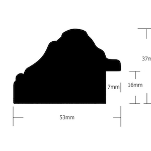 May include: Black picture frame with a decorative, ornate design. The frame measures 53mm wide, 37mm high, and 16mm deep.