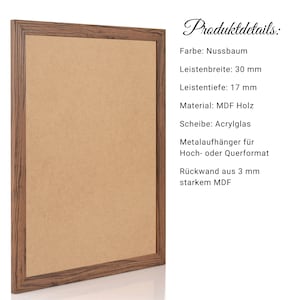 May include: A brown wood picture frame with a corkboard insert. The frame has a 3 inch wide and 1.7 inch deep frame. The frame is made of MDF wood and has an acrylic sheet. The frame includes metal hangers for hanging in portrait or landscape orientation. The back of the frame is made of 3 mm thick MDF.