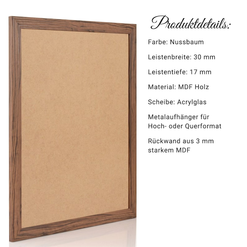 May include: A brown wood picture frame with a corkboard insert. The frame has a 3 inch wide and 1.7 inch deep frame. The frame is made of MDF wood and has an acrylic sheet. The frame includes metal hangers for hanging in portrait or landscape orientation. The back of the frame is made of 3 mm thick MDF.