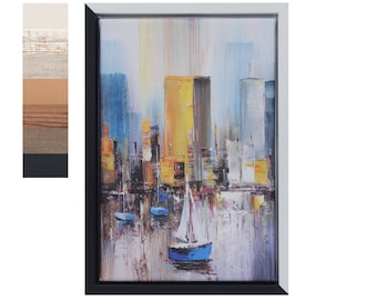 May include: A framed abstract painting of a cityscape with a sailboat in the foreground. The painting is done in shades of blue, yellow, and gray.