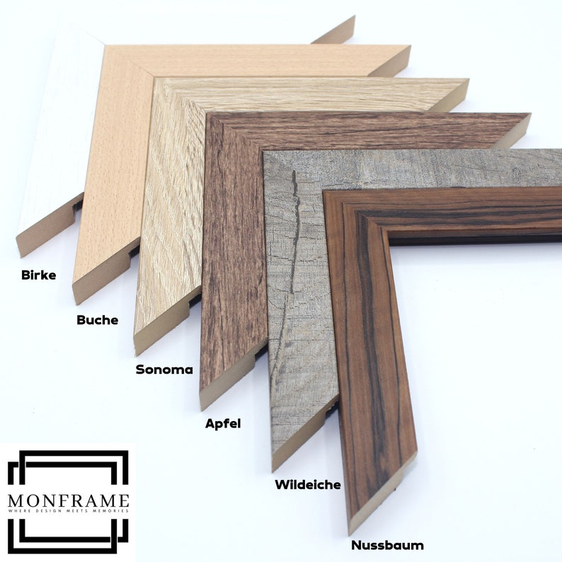 May include: Five different wood frame samples in various shades of brown, from light to dark. The frames are arranged in a staggered pattern, with the lightest frame at the top and the darkest frame at the bottom. The names of the wood types are labeled below each frame: Birke, Buche, Sonoma, Apfel, Wildeiche, Nussbaum.