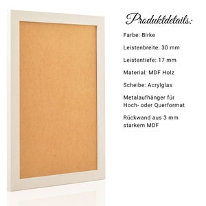 May include: A white picture frame with a corkboard backing. The frame is made of MDF wood with a birch finish. The frame has a 3 inch wide and 1.7 inch deep molding. The frame includes a clear acrylic sheet and a metal hanger for hanging in portrait or landscape orientation. The back of the frame is made of 3 mm thick MDF.