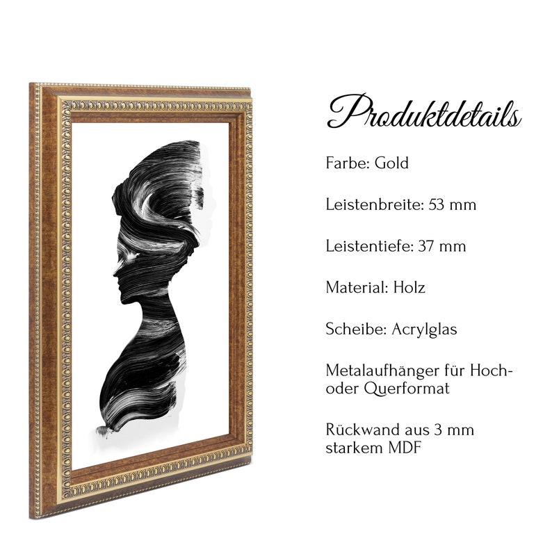 May include: A gold-colored wood frame with a black and white abstract art print. The frame has a 2.1 inch wide molding and a 1.5 inch deep molding. The frame includes a clear acrylic sheet and a metal hanger for hanging in portrait or landscape orientation. The back of the frame is made of 3 mm thick MDF.
