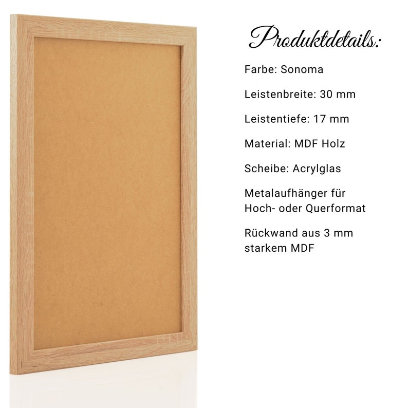 May include: A wood picture frame with a cork backing. The frame is 30 inches wide and 17 inches deep. The frame is made of MDF wood and has a Sonoma finish. The frame includes a clear acrylic sheet and metal hangers for hanging in portrait or landscape orientation. The back of the frame is made of 3 mm thick MDF.