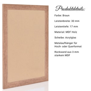 May include: A brown wooden picture frame with a clear acrylic sheet. The frame has a 3 inch wide and 1.7 inch deep frame. The back is made of 3 mm thick MDF.