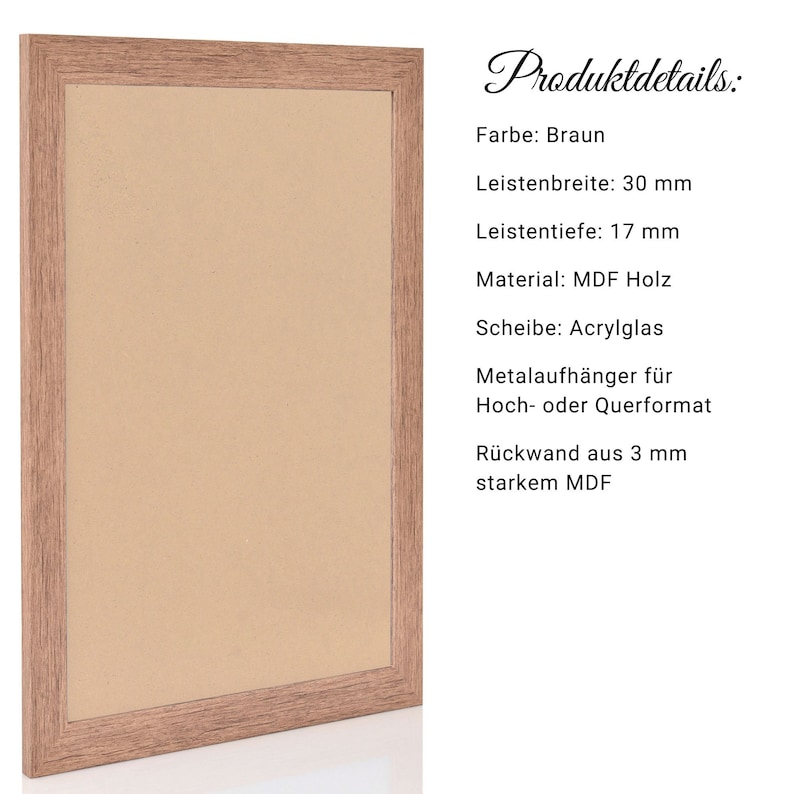 May include: A brown wooden picture frame with a clear acrylic sheet. The frame has a 3 inch wide and 1.7 inch deep frame. The back is made of 3 mm thick MDF.