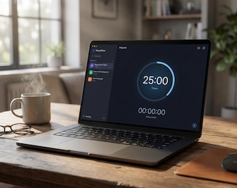 FocusFlow - App de seguimiento de tiempo sin conexión para autónomos / Temporizador Pomodoro / Horas facturables / Descarga digital