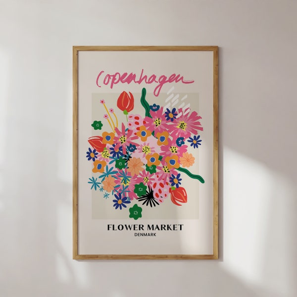 Copenhagen Flower Market Denmark Design Poster. Bunter Blumen Print für Wohnzimmer, Küche etc. Skandinavisches Design. Schöne Geschenkidee.