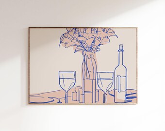 Flowers & Wine Poster | Art Print | Kitchen Wall Decoration | Dining Room Mural | Horizontal Poster | Minimalistic | Kitchen Picture | Gift Idea