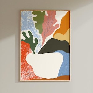 Könnte beinhalten: Abstrakter Kunstdruck mit einer farbenfrohen Komposition aus organischen Formen. Das Kunstwerk zeigt eine weiße vasenartige Form mit grünen, roten, blauen, orangefarbenen und rosa Formen. Der Druck ist in einem Holzrahmen gerahmt.