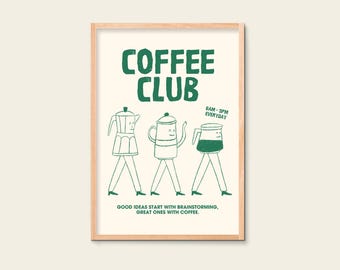 Coffee Club Poster | Funny Coffee Wall Art | Retro Coffee Pot Illustration | Kitchen Decor | Gift Idea for Coffee Fans
