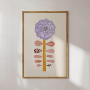 Colorful mid-century flower poster in purple and orange. Great wall decoration for a child&#39;s room. Ideal as a housewarming gift, birthday, etc.