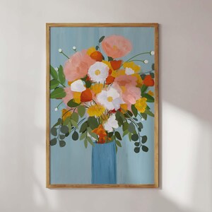 Cartel colorido de tendencia de arte contemporáneo con flores en jarrón. Gran decoración de pared para la sala de estar. cocina o comedor. Bonita idea de regalo para novia.
