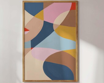 Colorful contemporary art print. Poster in blue, red, and pink. Print for the living room, hallway, etc. Great housewarming or birthday gift.