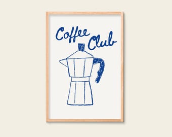 Coffee Club Poster | Moka Pot Illustration | Coffee Lover Gift | Funny Kitchen Wall Art | Barista Art Print | Coffee Bar