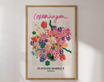Copenhagen Flower Market Denmark design poster. Colorful flower print for living room, kitchen etc. Scandinavian design. Nice gift idea.