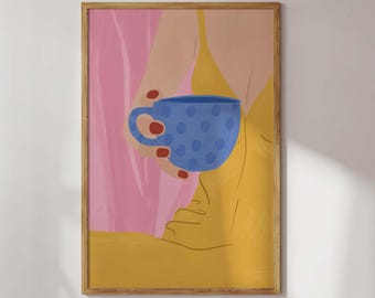 Contemporary art woman with coffee. Summer poster. Wall decoration for the dining room. Kitchen & coffee bar. Also ideal as a gift.