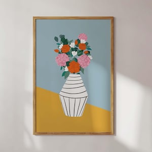 Cartel colorido de tendencia de arte contemporáneo con flores en jarrón. Gran decoración de pared para la sala de estar. cocina o comedor. Bonita idea de regalo para novia.