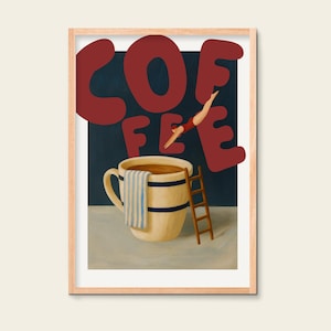 Coffee Poster | Funny Coffee Art Poster | Surreal Illustration Coffee Cup | Wall Art Kitchen & Cafe Decor | Gift Idea for Coffee Lovers