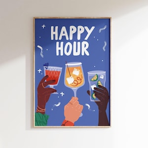 Happy Hour Poster | Kunstdruck | Küche Wanddeko | Esszimmer Wandbild | Cocktail Poster | Kunst Modern | Bar Cart Print | Geschenk Freundin