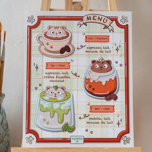 Póster de dibujos animados, regalo para amantes del café, dibujo de gato, gato, dibujos animados, elegante decoración de pared para dormitorio - Póster de pared