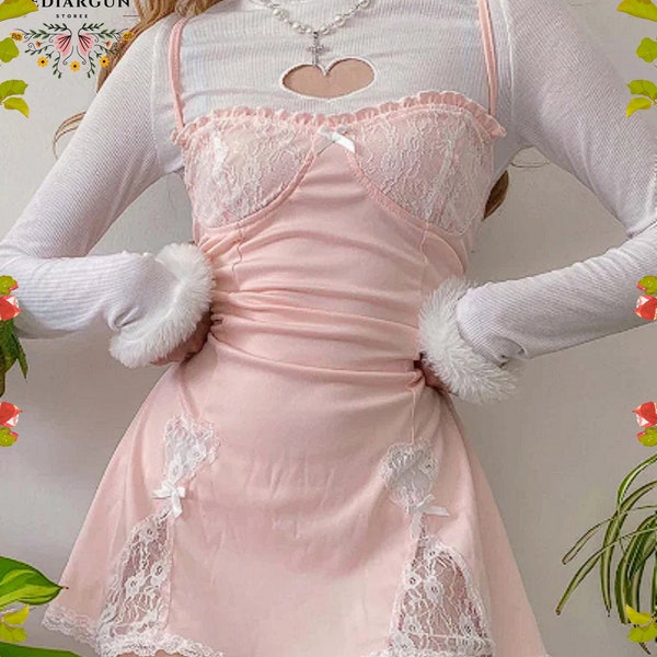 Lace Patchwork Pink Dress Sleeveless Kawaii Dress,Y2K Aesthetic Mini Dress Korean