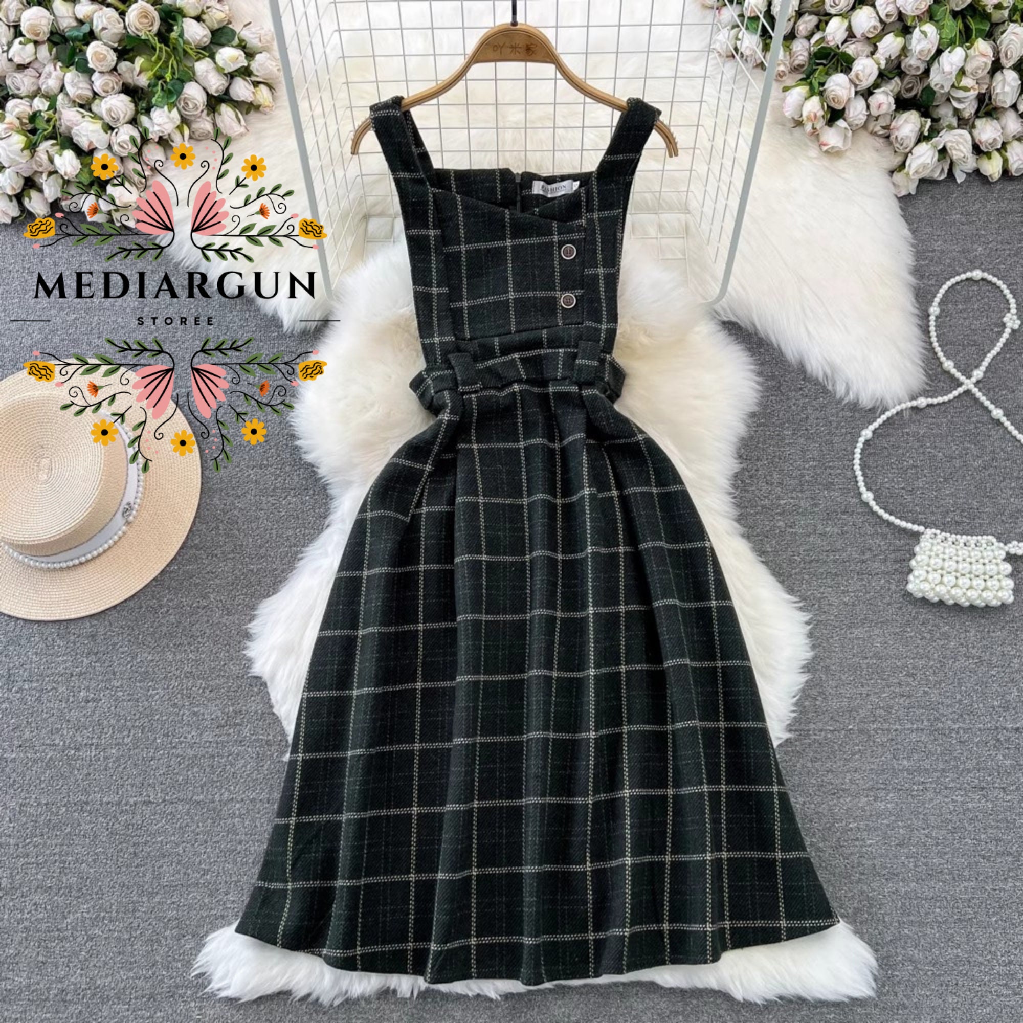 Classic Elegant Tweed Dress With Jewel Button / Korean Style Feminine Midi  Dress / Luxury Wear Elegant Party Dress 