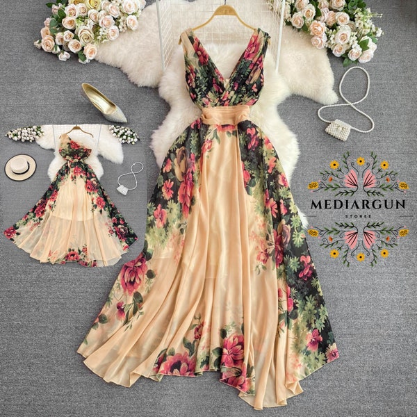 Elegantes Floral Print Midi Langes Kleid , Hochzeitsgast Kleid , Homecoming Kleid