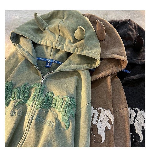 Y2K Streetwear Zip up Hoodie With Horns - Etsy
