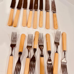 May include: A collection of eight silver-toned metal knives and seven silver-toned metal forks arranged in two rows. Each piece of cutlery features a smooth, light cream-colored handle with a cylindrical shape and a metallic bolster.