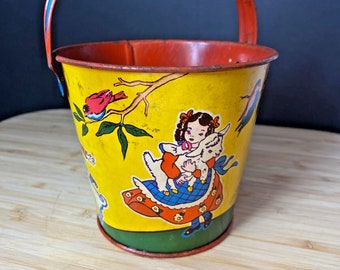 Vintage 1940s Tin Lithograph childrens Sand Pail, MARY Had  A LITTLE LAMB