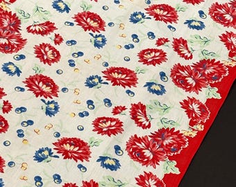 Vintage Floral Kitchen Towel: Bright Red & Blue Print