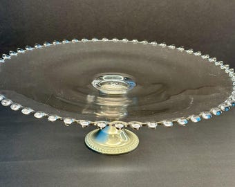 Imperial Candlewick Cake Stand Beaded Glass w Nickel Silver Mayflower Pedestal Vintage, Wedding Display