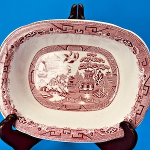 Vintage Allertons England Willow Red Transferware Oval Serving Bowl 8 1/4"