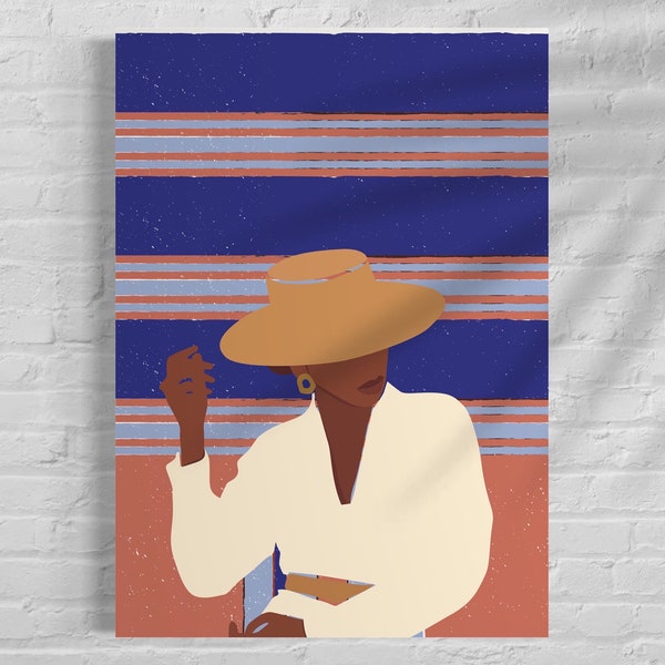 Impression "girlboss au chapeau" en robe blanche sur un fond lilas bleu marron, affiche mode, women power,affiche feministe