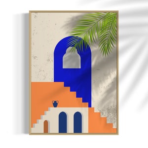 Wall print of an abstract Mediterranean facade in blue, beige and orange, Mediterranean architecture, minimalist poster, bohoart