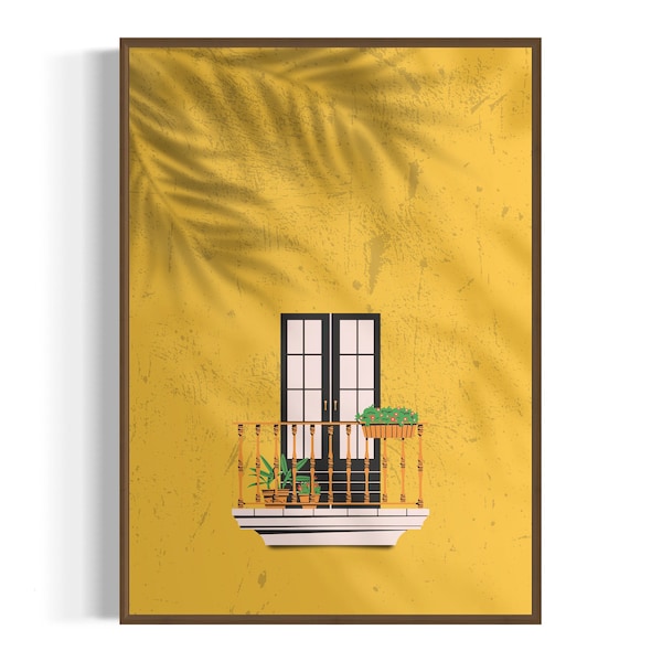 Impression murale d'une fenêtre méditerranéenne ombragée d'un palmier sur fond jaune miel, architecture du sud, mid century poster, boho art