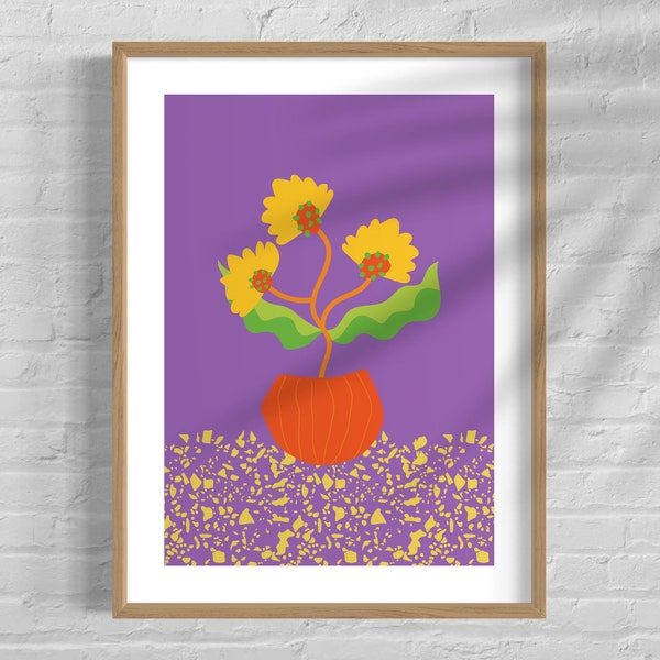 Vase céramique orange avec fleurs sur fond violet, impression botanique , boho pot art print