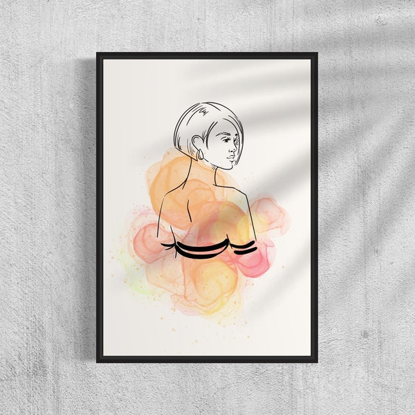 Affiche imprimée de Femme dos nu aux cheveux en coupe bob, line art drawing, women back portrait, minimalist art