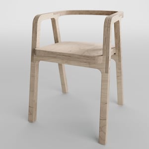 May include: A light wood chair with a curved back and a simple design. The chair is made of plywood and has a natural finish.
