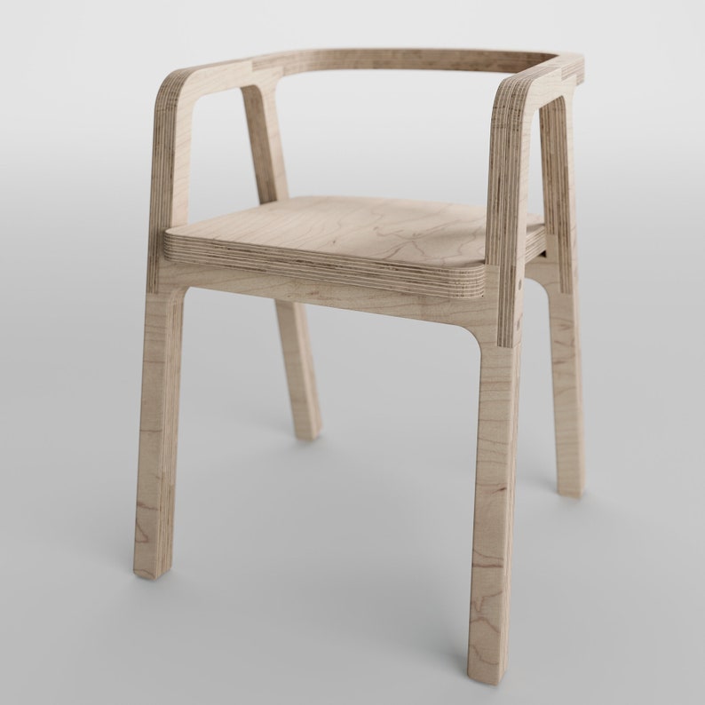 May include: A light wood chair with a curved back and a simple design. The chair is made of plywood and has a natural finish.