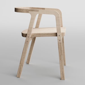 May include: A light wood chair with a curved back and a simple design. The chair has a natural wood finish and is made of plywood.