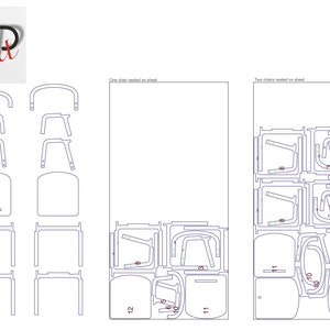 May include: A black and white line drawing showing how to cut out two chairs from a sheet of plywood. The drawing shows the pieces of the chair nested together to save space. The text "One chair nested on sheet" and "Two chairs nested on sheet" is included in the drawing.