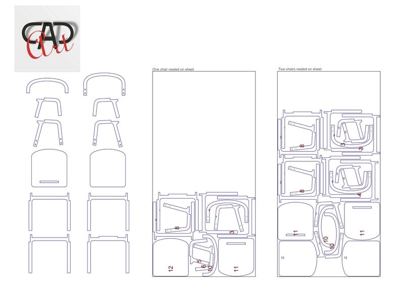 May include: A black and white line drawing showing how to cut out two chairs from a sheet of plywood. The drawing shows the pieces of the chair nested together to save space. The text "One chair nested on sheet" and "Two chairs nested on sheet" is included in the drawing.