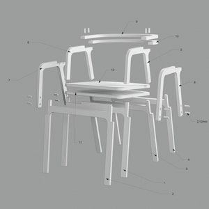 May include: A disassembled chair made of wood with numbered parts. The chair is made of 12 pieces and includes instructions for assembly.
