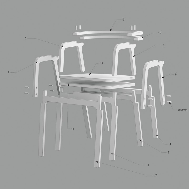 May include: A disassembled chair made of wood with numbered parts. The chair is made of 12 pieces and includes instructions for assembly.
