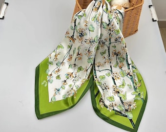 68cm 100% Mulberry Silk Scarf Square, Women's Scarf, Fashion Scarf, Bandana, Bag Accessory,Green cherry blossom butterfly silk scarf，Gift