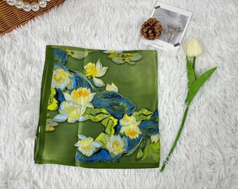 100% Silk Green water lily，Lotus Silk Square Scarf, Women's Scarf, Fashion Scarf, Bandana, Headband, Bag Accessory, Gift for her